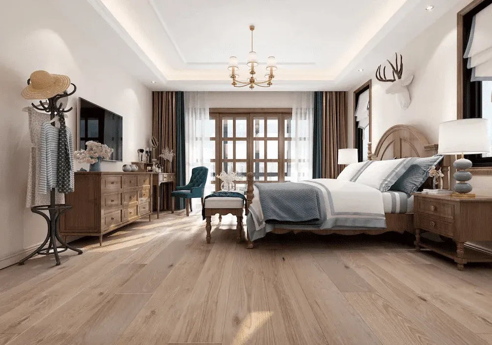 Canadian Standard Origins XL Carissa Oak engineered hardwood flooring featuring 7.5-inch wide planks with lightly handscraped and wirebrushed texture in a bedroom