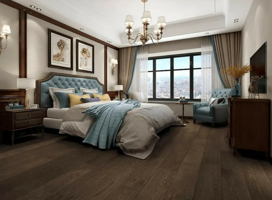 Canadian Standard Origins XL Charleston Oak engineered hardwood flooring featuring 7.5-inch wide planks with handscraped and wirebrushed texture in a bedroom