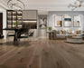 Canadian Standard Origins XL Chesterfield American Hickory engineered hardwood flooring featuring 7.5-inch wide planks with natural wood grain and wirebrushed texture in a living room