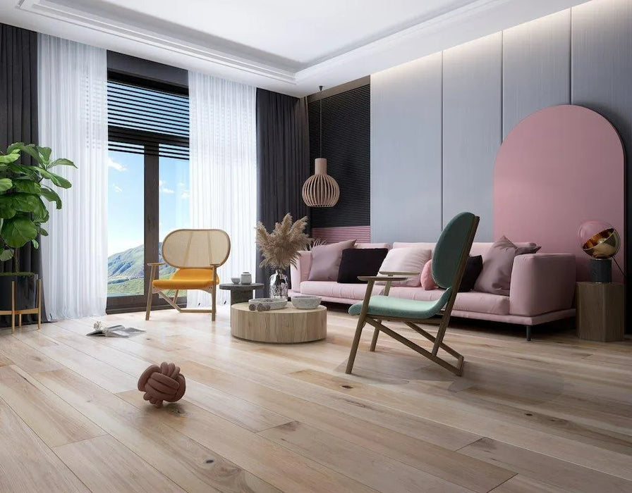 Canadian Standard Origins XL Claremore American Hickory engineered hardwood flooring featuring 7.5-inch wide planks with natural wood grain and wirebrushed texture in a living room