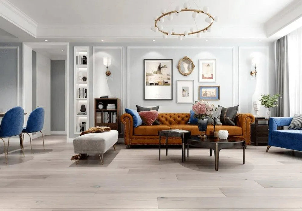 Canadian Standard Origins XL Hayward American Hickory engineered hardwood flooring featuring 7.5-inch wide planks with natural wood grain and wirebrushed texture in a living room
