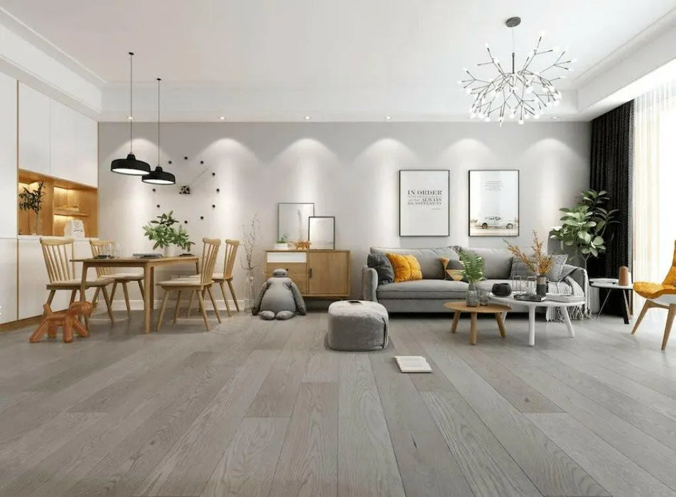 Canadian Standard Origins XL Maxine Oak engineered hardwood flooring featuring 7.5-inch wide planks with handscraped and wirebrushed texture in a living room