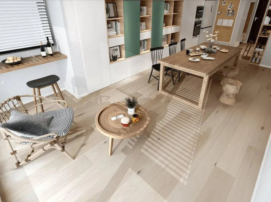 Canadian Standard Origins XL Thatcher American Hickory engineered hardwood flooring featuring 7.5-inch wide planks with natural wood grain and wirebrushed texture in a dining room