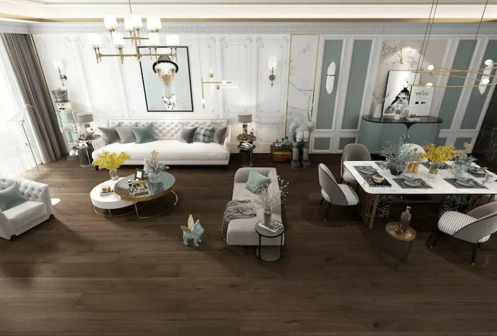 Canadian Standard Origins XL Townsend American Hickory engineered hardwood flooring featuring 7.5-inch wide planks with natural wood grain and wirebrushed texture in a living room and dining room scene