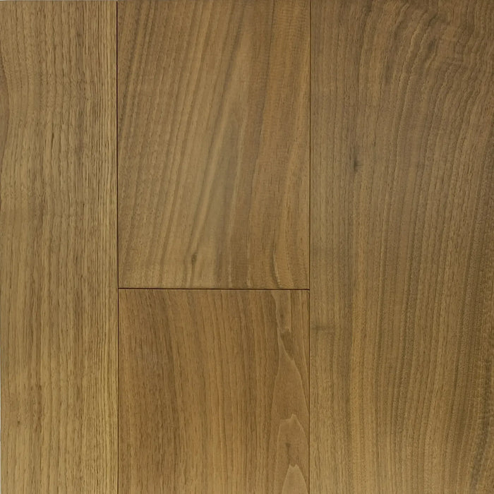 Canadian Standard Origins Yorkshire American Walnut engineered hardwood flooring featuring 7.5-inch wide planks with wirebrushed texture