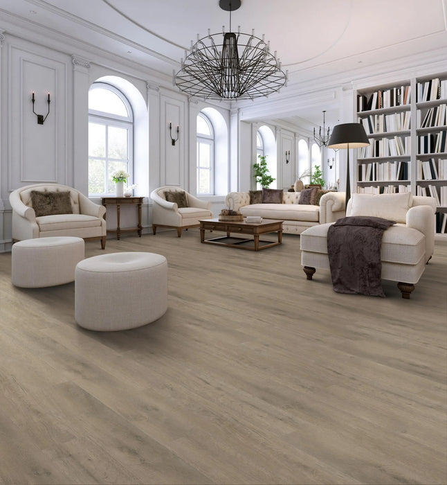 Canadian Standard Ridgecrest Willow Creek 8mm waterproof laminate flooring with 7.72-inch-wide planks, matte finish and natural-looking wood grain in a living room