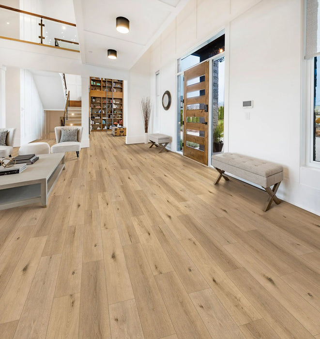 Canadian Standard Ridgecrest Wood Land 8mm waterproof laminate flooring with 7.72-inch-wide planks, matte finish and timber-inspired grain design in a room scene