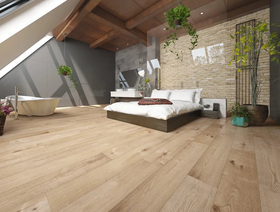 Canadian Standard SONO Eclipse Bower Oak 5.5mm flooring featuring 8-inch wide planks with realistic oak-look wood grain in a bedroom