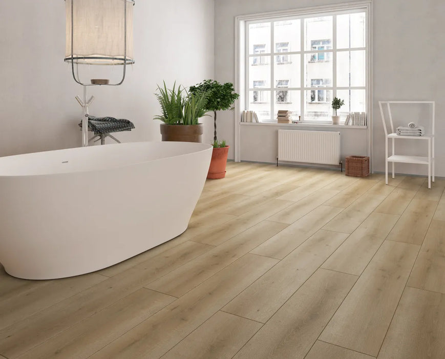 Canadian Standard SONO Eclipse Canim Oak 5.5mm flooring featuring 8-inch wide planks with natural oak-look grain detailing in a room scene