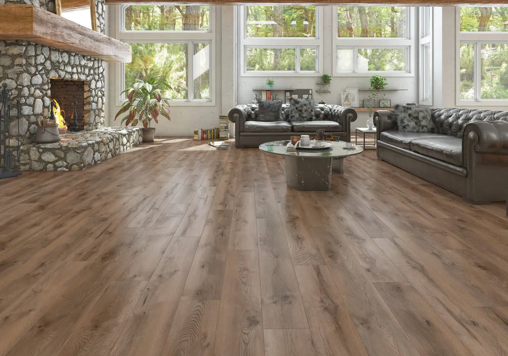 Canadian Standard SONO Eclipse Coffee Oak 5.5mm flooring featuring 8-inch wide wood-look planks with oak-inspired grain in a living room