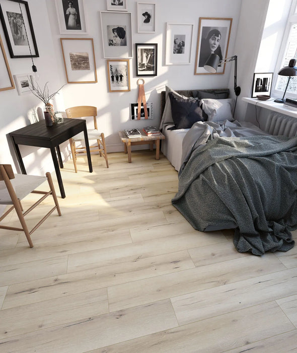 Canadian Standard SONO Eclipse Forest Grove Oak flooring featuring 8-inch wide planks with realistic oak-look wood grain in a bedroom