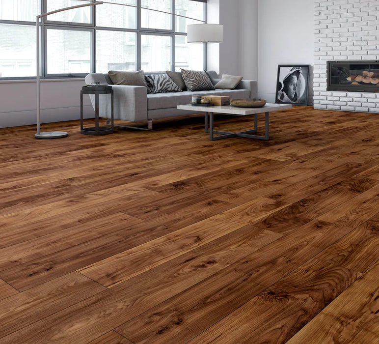 Canadian Standard SONO Eclipse Heartlan Walnut flooring featuring 8-inch wide planks with realistic walnut-inspired wood grain in a living room