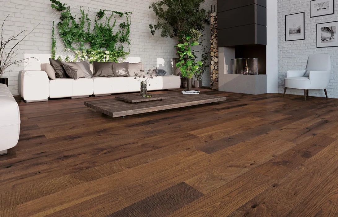 Canadian Standard SONO Eclipse Liberty Oak flooring featuring 8-inch wide wood-look planks with realistic oak grain in a living room