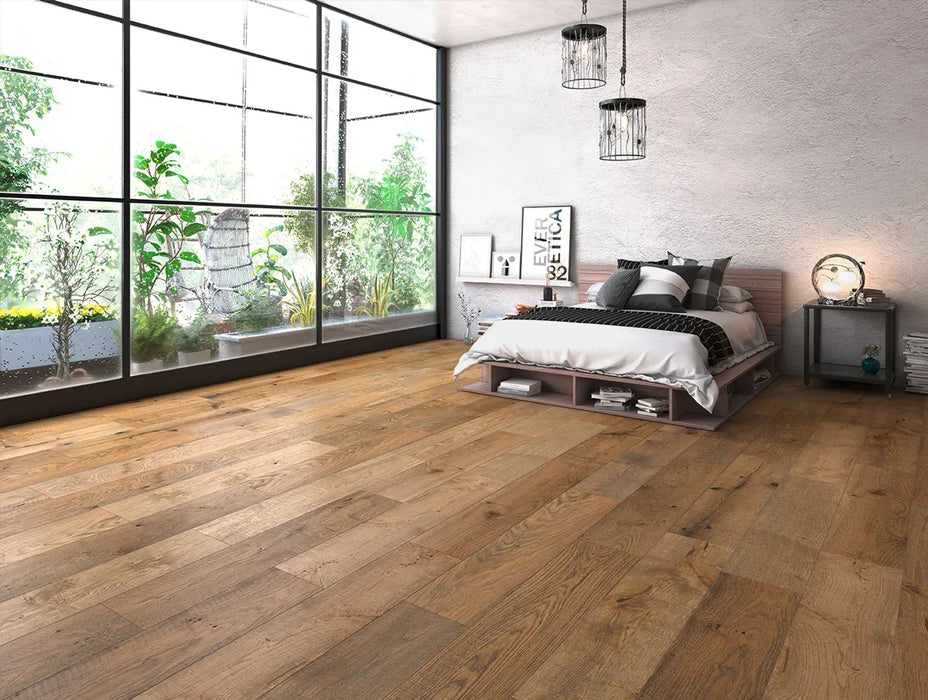 Canadian Standard SONO Eclipse Riverview Oak flooring featuring 8-inch wide planks with oak-inspired wood grain in a bedroom