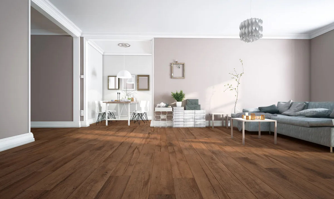 Canadian Standard SONO Eclipse Saloon Oak flooring featuring 8-inch wide planks with natural oak-look texture in a living room