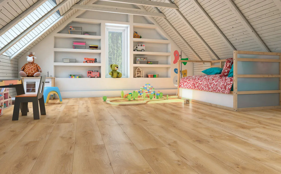 Canadian Standard SONO Eclipse Sandhill Oak flooring featuring 8-inch wide planks with realistic oak-inspired grain in bedroom