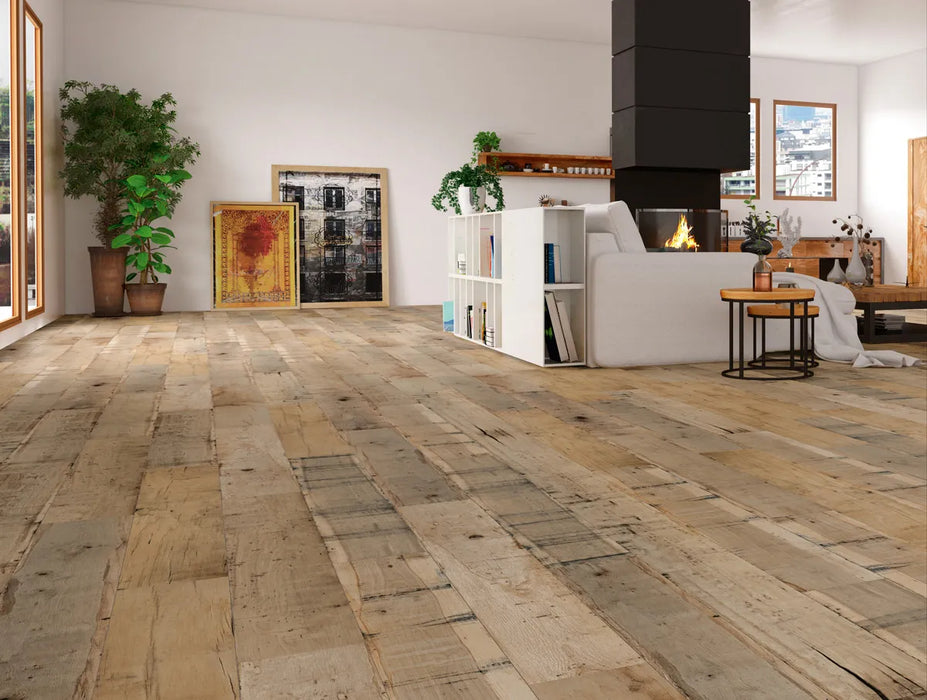 Canadian Standard SONO Eclipse Santa Fe flooring featuring 8-inch wide wood-look planks with realistic grain detail in a living room
