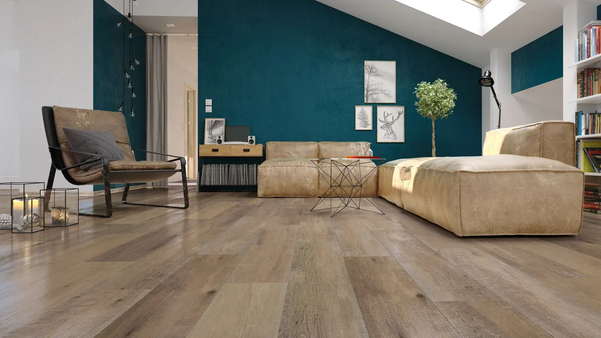 Canadian Standard SONO Eclipse Seawashed Oak flooring featuring 8-inch wide planks with natural oak-look grain in a living room