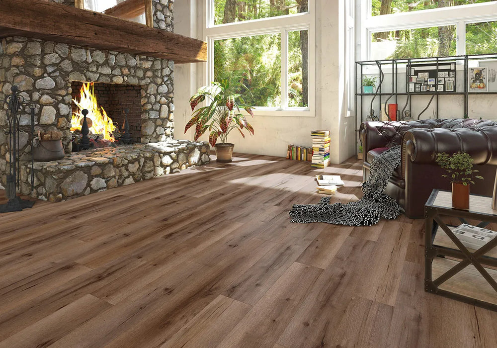 Canadian Standard SONO Eclipse Sheridan Bay Oak flooring featuring 8-inch wide planks with realistic oak wood-grain texture in a living room