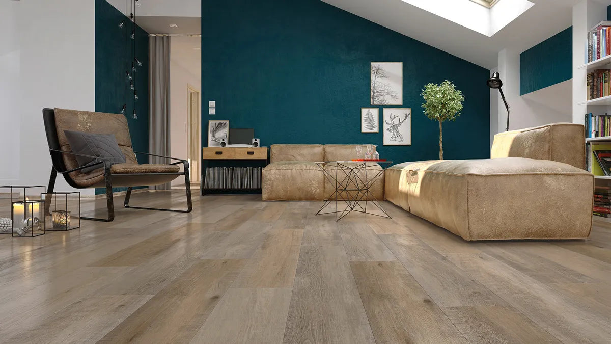Canadian Standard SONO Eclipse Streamwashed Oak flooring featuring 8-inch wide planks with realistic natural oak-look grain in a living room