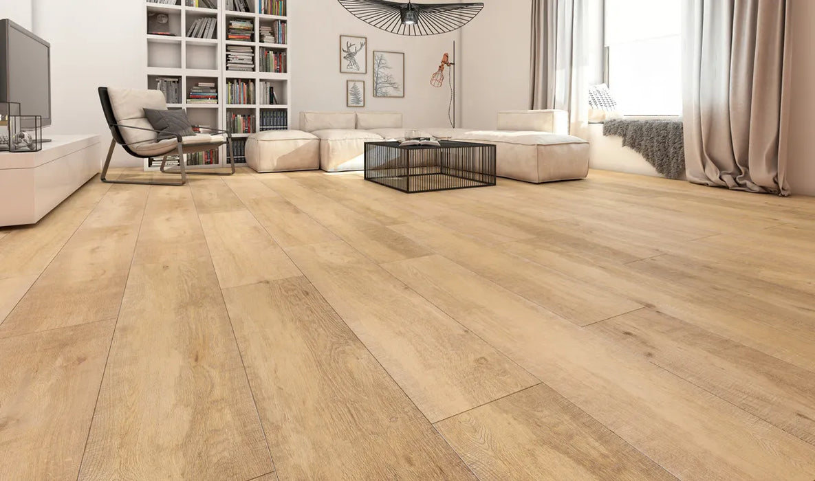 Canadian Standard SONO Eclipse Sunwashed Oak flooring featuring 8-inch wide planks with natural wood-look grain detailing in a living room