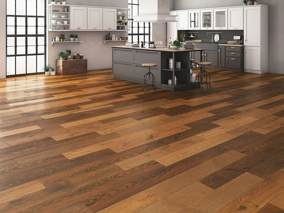 Canadian Standard SONO Eclipse Tobacco Oak flooring featuring 8-inch wide planks with realistic oak-inspired grain in a dining room