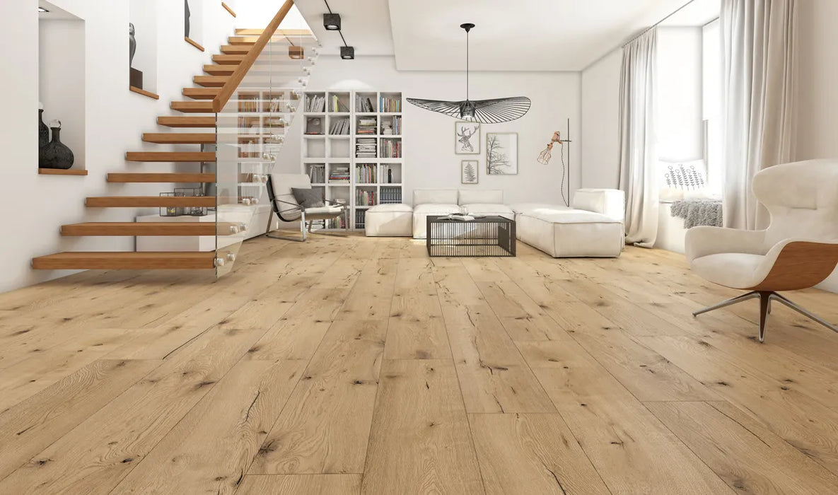 Canadian Standard SONO Eclipse Trimble White Oak flooring featuring 8-inch wide planks with white oak-inspired wood grain in a living room