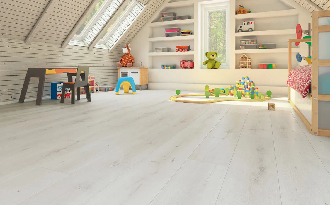 Canadian Standard SONO Eclipse Winter Oak flooring featuring 8-inch wide planks with natural oak-look wood grain in a bedroom