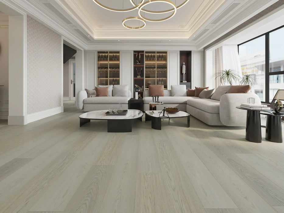 Canadian Standard Ellis Vanntett Plus 7mm waterproof SPC luxury vinyl plank flooring featuring wide wood-look planks with realistic textured grain and a matte finish in a living room