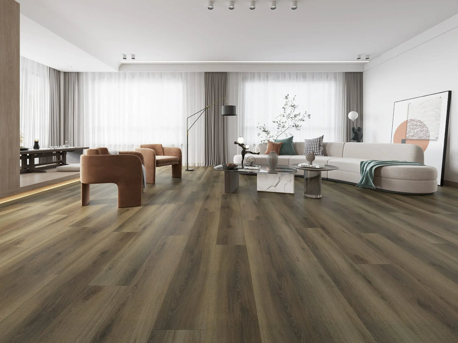 Canadian Standard Ernest Vanntett Plus 7mm waterproof SPC luxury vinyl plank flooring featuring wide wood-look planks with realistic textured grain and a matte finish in a living room