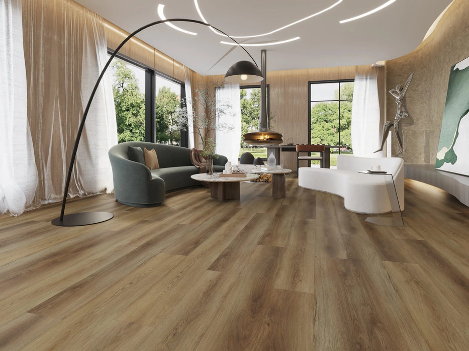 Canadian Standard Lesley Vanntett Plus 7mm waterproof SPC luxury vinyl plank flooring featuring wide wood-look planks with realistic textured grain and a matte finish in a living room