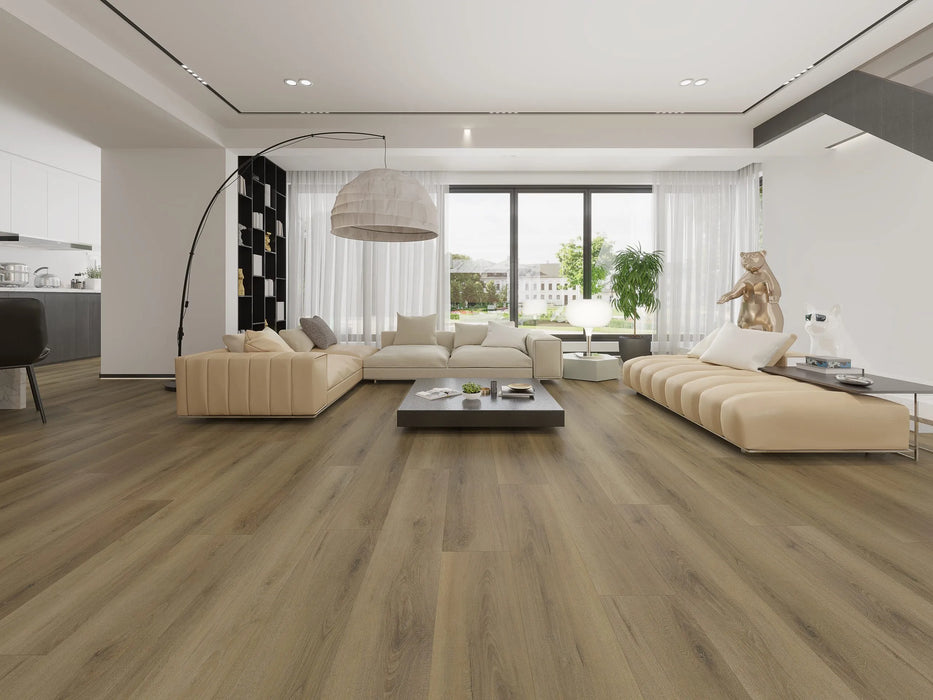 Canadian Standard Percy Vanntett Plus 7mm waterproof SPC luxury vinyl plank flooring featuring wide wood-look planks with realistic textured grain and a matte finish in a living room