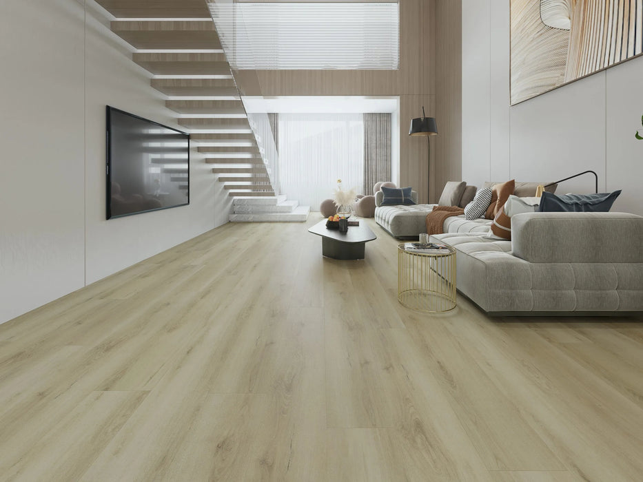Canadian Standard Phoebe Vanntett Plus 7mm waterproof SPC luxury vinyl plank flooring featuring wide wood-look planks with realistic textured grain and a matte finish in a living room