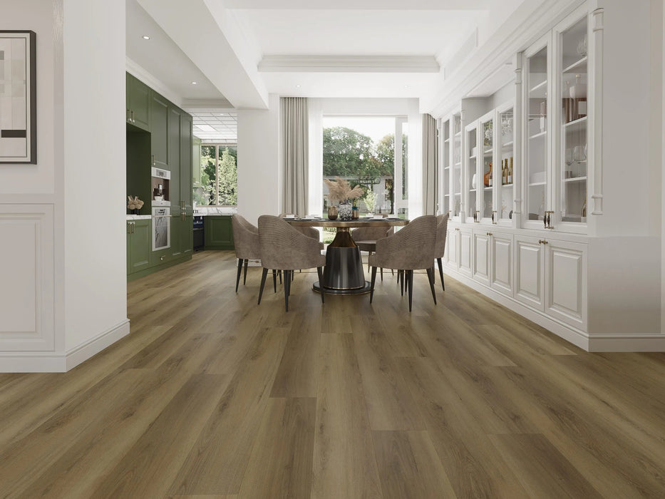 Canadian Standard Rosie Vanntett Plus 7mm waterproof SPC luxury vinyl plank flooring featuring wide wood-look planks with realistic textured grain and a matte finish in a dining room