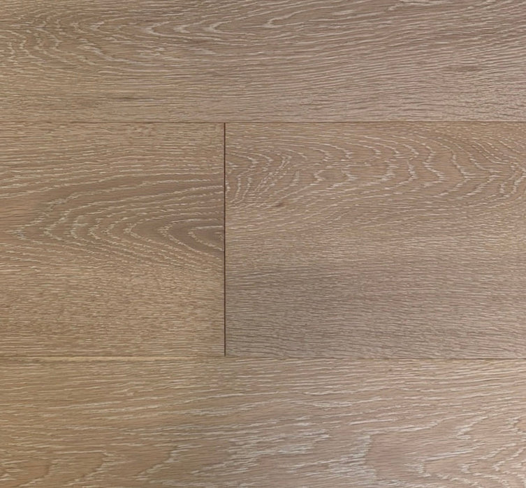NAF Alabaster Oak European White Oak engineered hardwood flooring with 7.5-inch-wide planks, natural oak grain and a wirebrushed surface