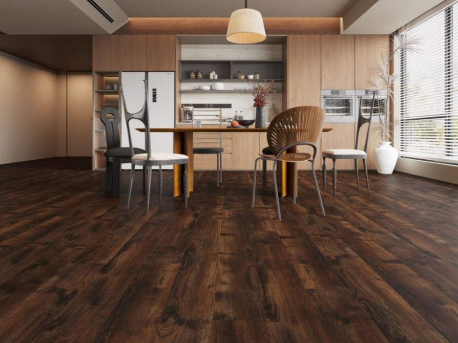 NAF AquaPlus Classic Madagascar 7mm waterproof rigid core vinyl plank flooring with textured finish and click-lock installation applied in a dining room