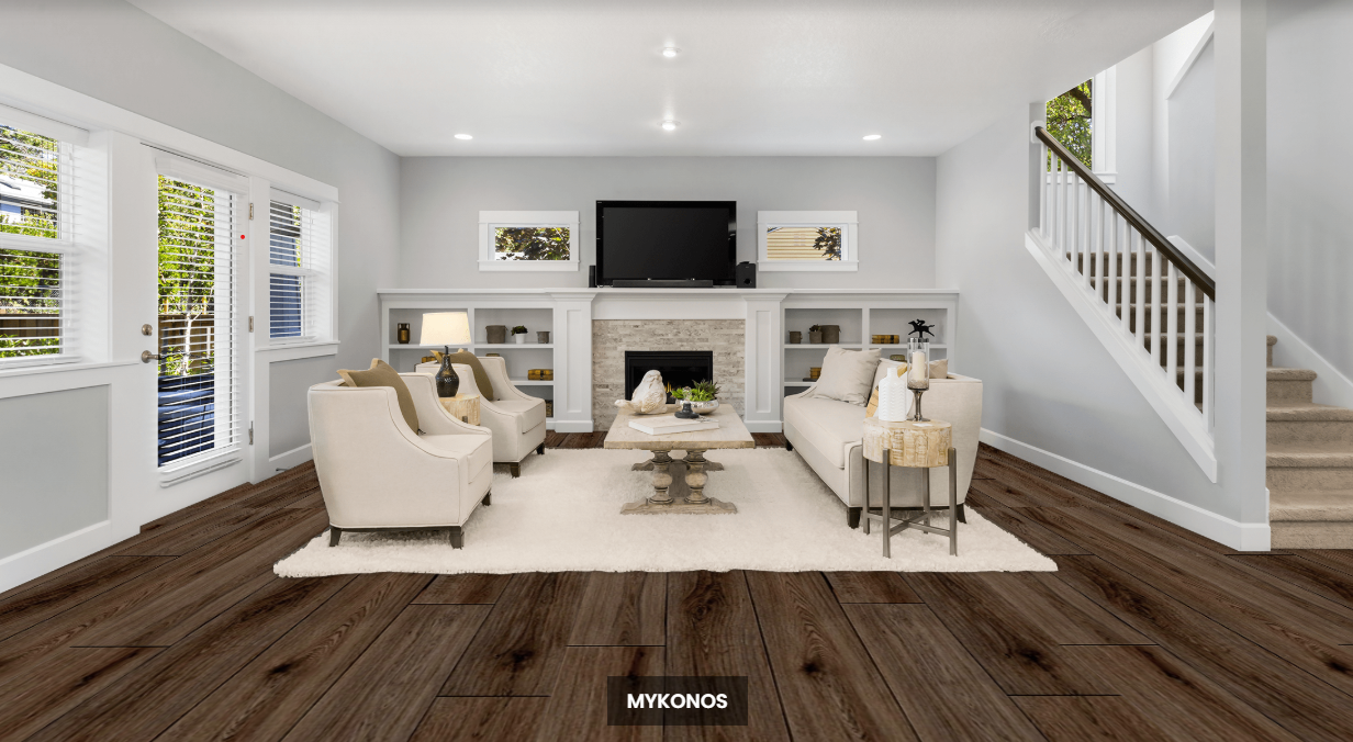 NAF AquaPlus Classic Mykonos 7mm waterproof rigid core vinyl plank flooring with textured finish and click-lock installation in a living room
