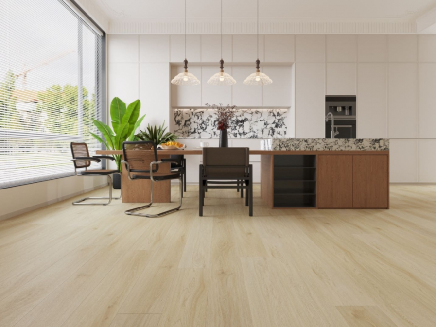 NAF AquaPlus Classic Santa Maria 7mm waterproof rigid core vinyl plank flooring with textured finish and click-lock installation applied in a dining room