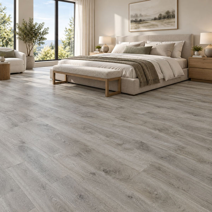 NAF AquaPlus Classic Santorini 7mm waterproof rigid core vinyl plank flooring with textured finish and click-lock installation applied in a bedroom