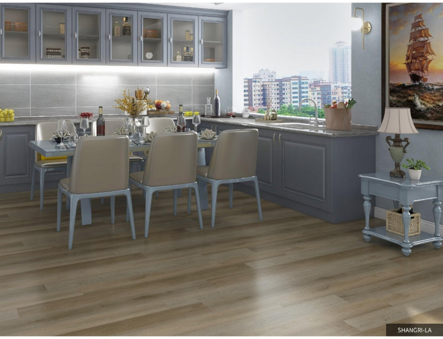 NAF AquaPlus Gold with Cork Shangri-La 7mm waterproof SPC vinyl plank flooring with textured wood grain and attached cork backing in a dining room