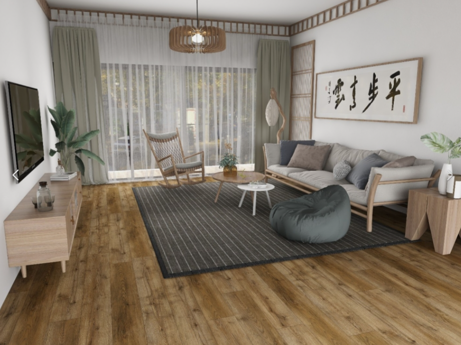 NAF AquaPlus Gold Dupont 7mm waterproof rigid core vinyl plank flooring with realistic wood grain and deep-textured finish in a living room