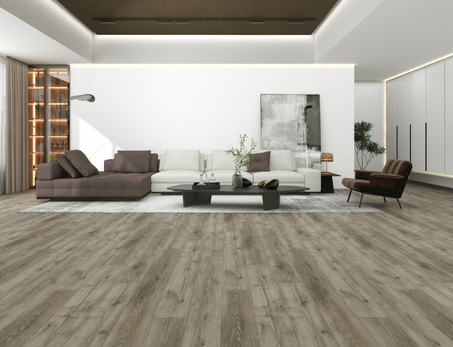 NAF AquaPlus Gold Leslie 7mm waterproof rigid core vinyl plank flooring with realistic wood grain and deep-textured finish in a living room
