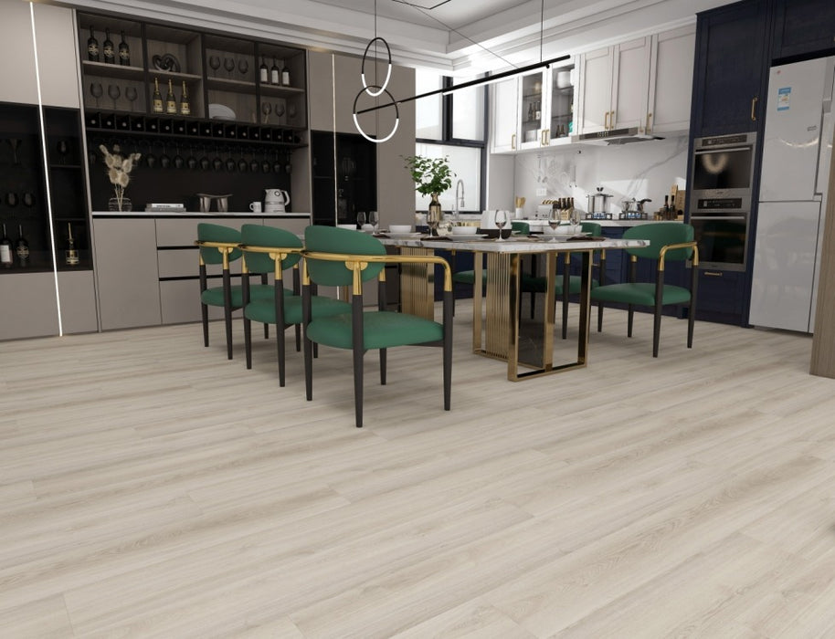 NAF AquaPlus Gold Russell Hill 7mm waterproof rigid core vinyl plank flooring with realistic wood grain and deep-textured finish in a dining room