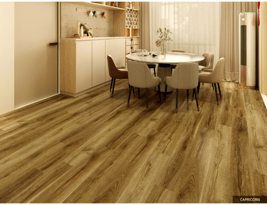 NAF AquaPlus Platinum Capricorn 9mm waterproof rigid core vinyl plank flooring with realistic wood grain and deep-textured finish in a dining room