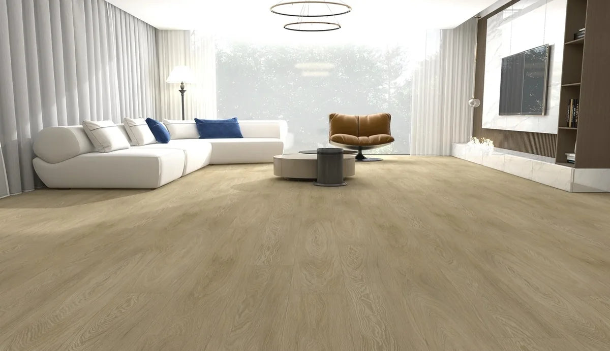 NAF AquaPlus Platinum Chelsea 9mm waterproof rigid core vinyl plank flooring with realistic wood grain and deep-textured finish in a living room