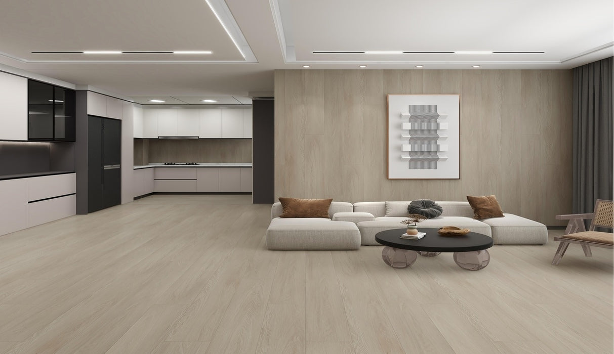 NAF AquaPlus Platinum Fulham 9mm waterproof rigid core vinyl plank flooring with realistic wood grain and deep-textured finish in a living room
