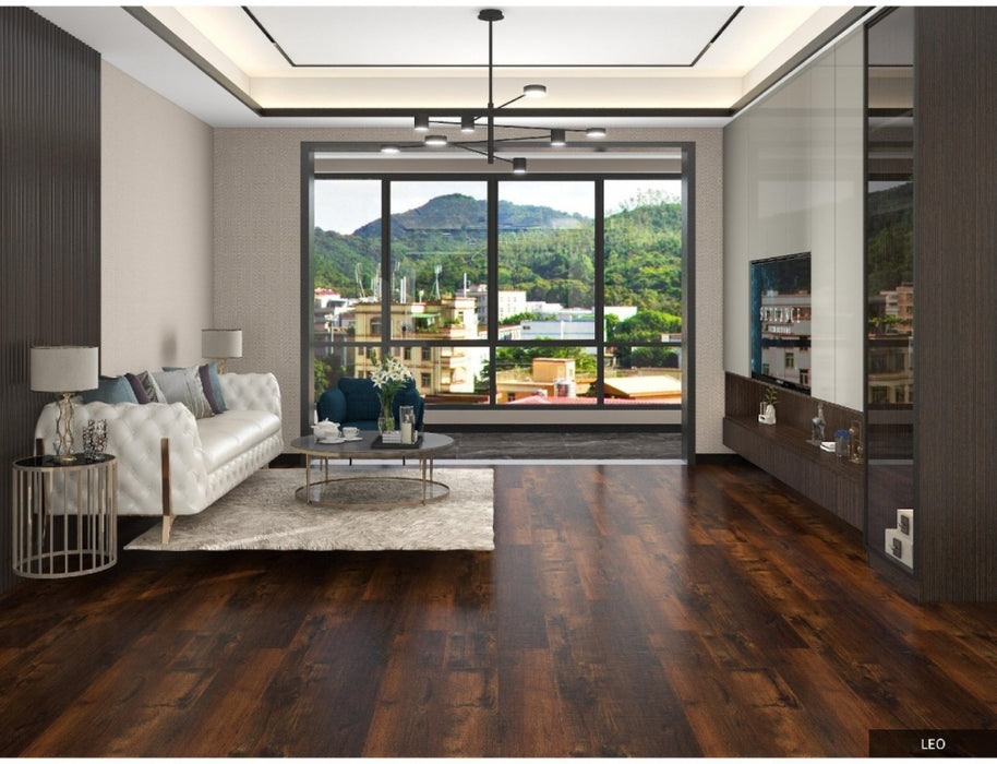 NAF AquaPlus Platinum Leo 9mm waterproof rigid core vinyl plank flooring with realistic wood grain and deep-textured finish in a living room