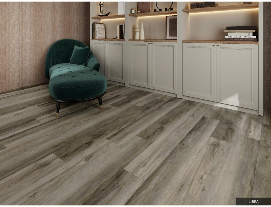 NAF AquaPlus Platinum Libra 9mm waterproof rigid core vinyl plank flooring with realistic wood grain and deep-textured finish in a living room