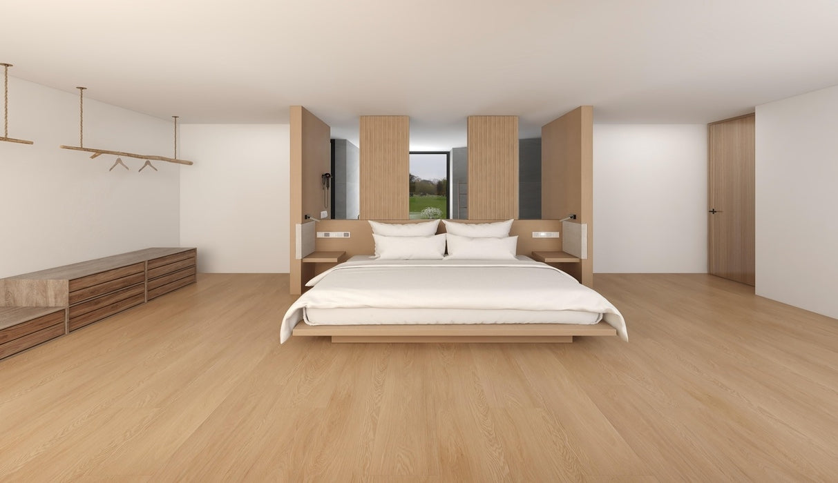 NAF AquaPlus Platinum London 9mm waterproof rigid core vinyl plank flooring with realistic wood grain and deep-textured finish in a bedroom