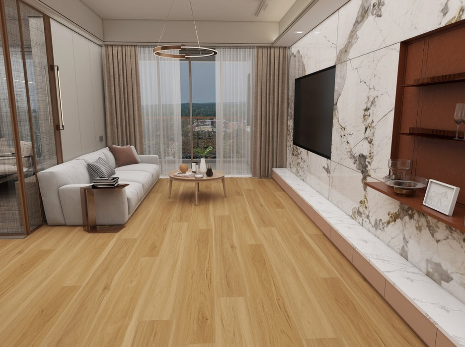 NAF AquaPlus Platinum Mayfair 9mm waterproof rigid core vinyl plank flooring with realistic wood grain and deep-textured finish in a living room